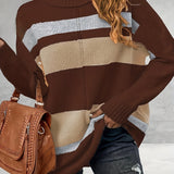 gbolsos  Plus Size Casual Sweater, Women's Plus Colorblock Long Sleeve Turtle Neck Slight Stretch Sweater