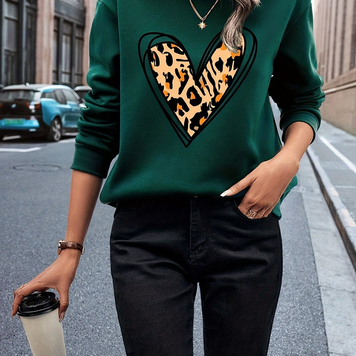 Leopard Heart Print Sweatshirt, Casual Long Sleeve Crew Neck Sweatshirt, Women's Clothing