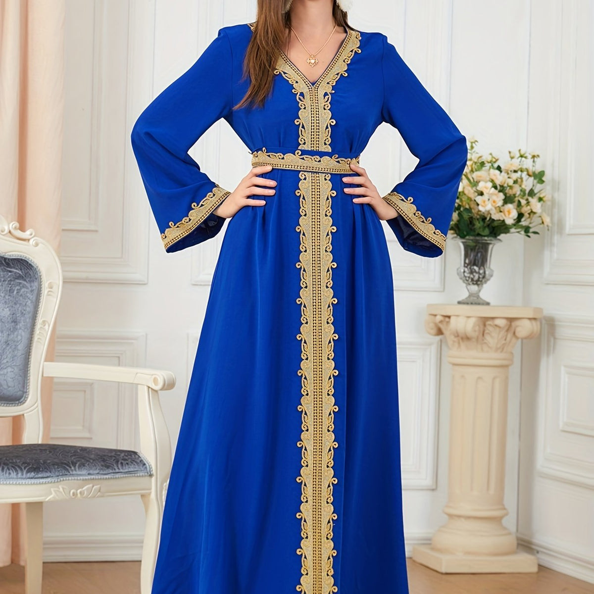 Lace Trim Kaftan Dress, Elegant V Neck Long Sleeve Maxi Dress, Women's Clothing