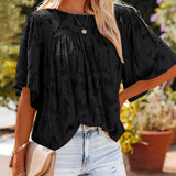 gbolsos  Casual Lace Flare Sleeve Blouse, Short Sleeve Crew Neck Solid Blouse, Casual Every Day Tops, Women's Clothing