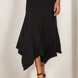 Plus Size Elegant Skirt, Women's Plus Solid High Rise Medium Stretch Asymmetric Hem Skirt