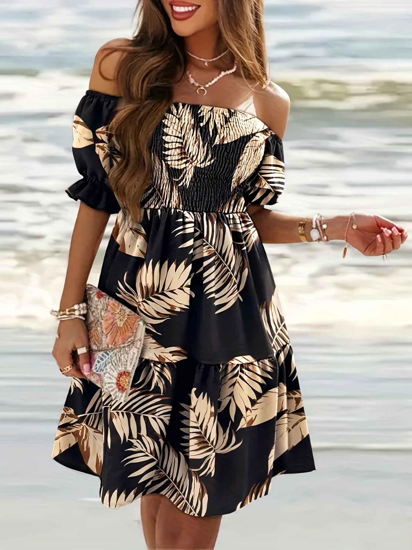 gbolsos  Plus Size Casual Summer Dress, Women's Plus Tropical Print Shirred Off Shoulder Puff Sleeve Smock Dress