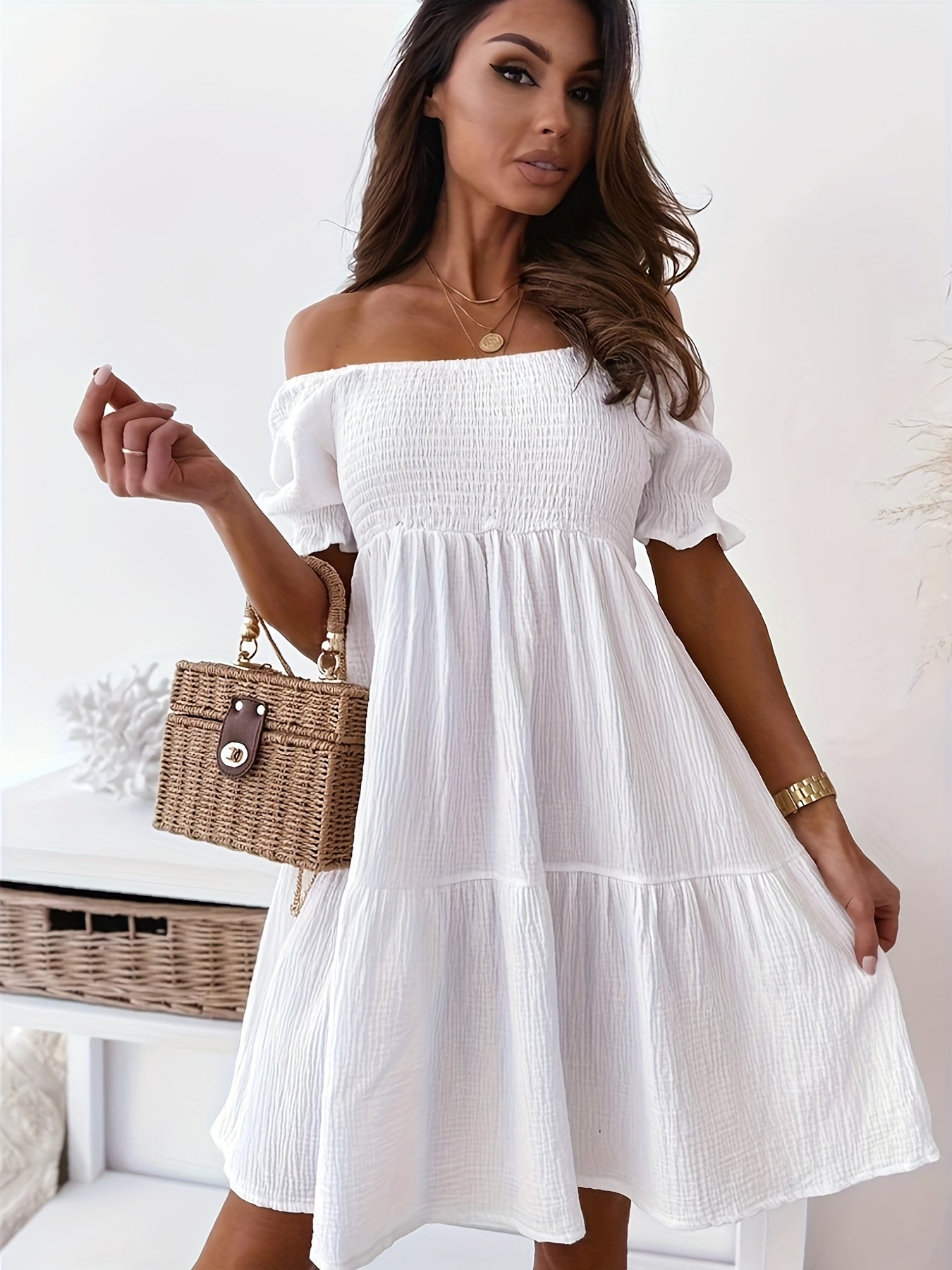 gbolsos  Off Shoulder Smocked Dress, Loose Vacation Casual Dress For Summer & Spring, Women's Clothing