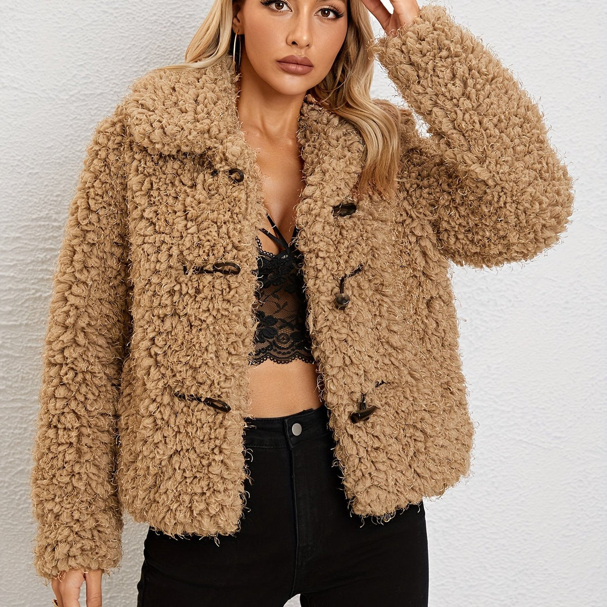 Solid Button Front Teddy Coat, Versatile Faux Fur Thermal Winter Coat, Women's Clothing