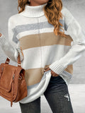 gbolsos  Plus Size Casual Sweater, Women's Plus Colorblock Long Sleeve Turtle Neck Slight Stretch Sweater