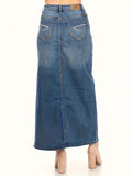 Blue High Stretch Denim Midi Skirt, Slant Pockets High Waist Casual Denim Skirt, Women's Denim Clothing