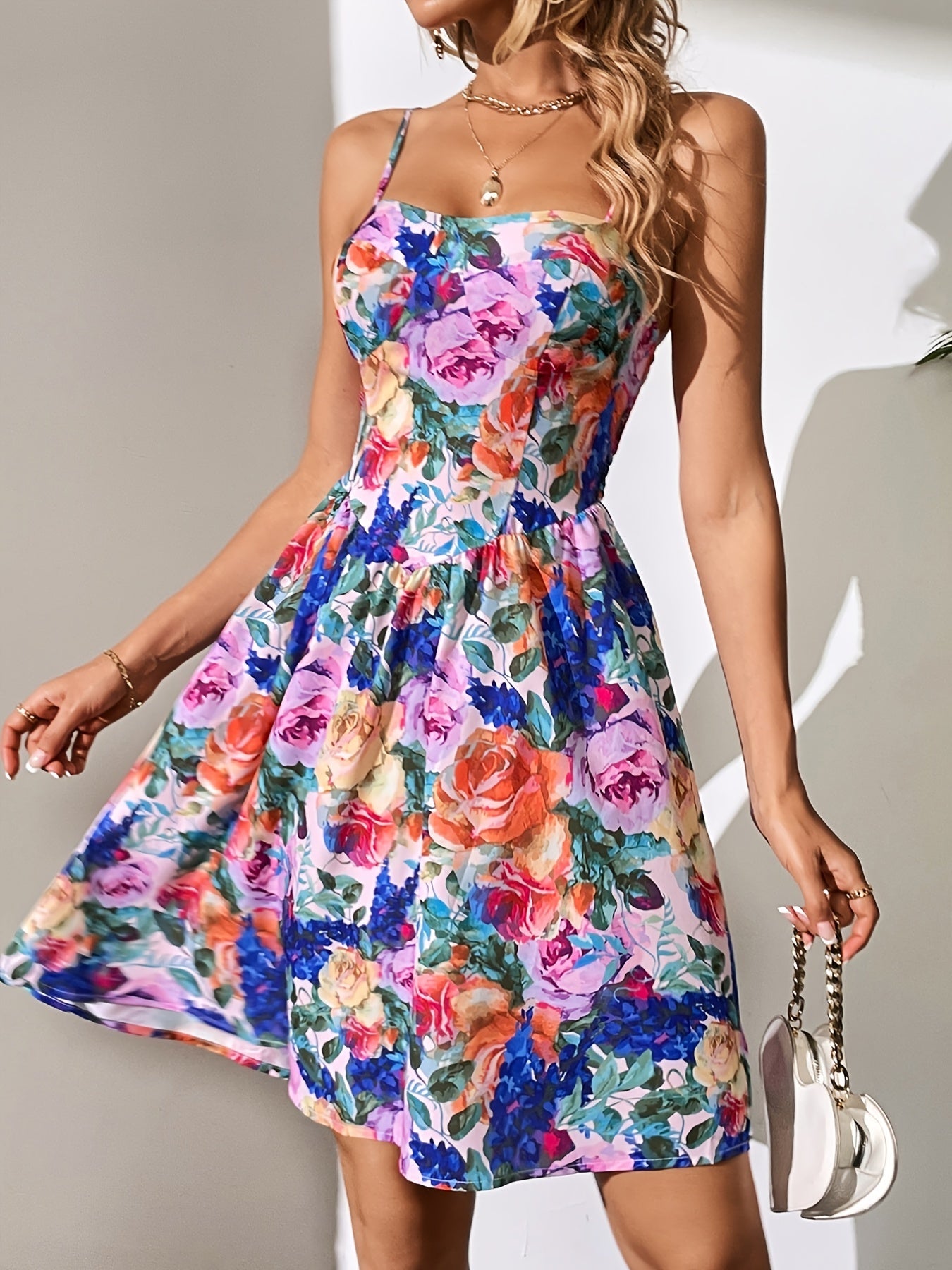 gbolsos  Floral Print Sleeveless Spaghetti Dress, Romantic Shirred Flared Mini Dress, Women's Clothing