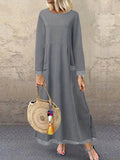 Contrast Lace Simple Dress, Casual Crew Neck Maxi Dress With Pockets, Women's Clothing