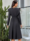 Solid Cinched Waist Midi Dress, Elegant Crew Neck Long Sleeve Dress, Women's Clothing