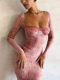 gbolsos  Allover Print Contrast Lace Bodycon Dress, Elegant Sweetheart Neck Long Sleeve Dress, Women's Clothing