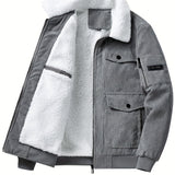 Men's Trendy Corduroy Jacket, Casual Lapel Zip Up Warm Fleece Coat For Outdoor Fall Winter