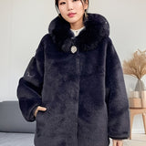 gbolsos Faux Fur Zip Up Hooded Coat, Casual Button Long Sleeve Winter Warm Outerwear, Women's Clothing