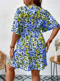 gbolsos  Plus Size Casual Dress, Women's Plus Allover Floral Print Short Sleeve Surplice Neck Slight Stretch Mini Dress