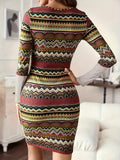 Ethnic Stripe Print Bodycon Dress, Casual Crew Neck Long Sleeve Dress, Women's Clothing