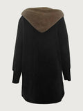 Color Block Hooded Coat, Elegant Open Front Long Sleeve Warm Winter Outerwear, Women's Clothing