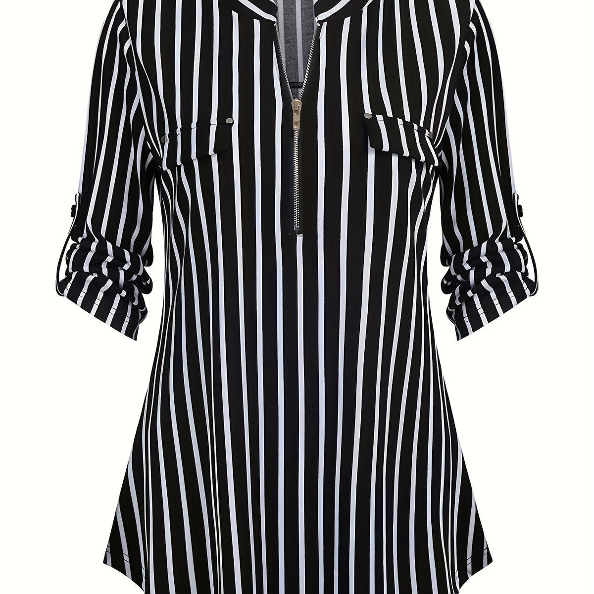 Striped Zipper Blouse, Casual 3/4 Sleeve Stand Collar Blouse, Women's Clothing