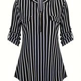 Striped Zipper Blouse, Casual 3/4 Sleeve Stand Collar Blouse, Women's Clothing