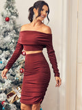 Elegant Solid Two-piece Skirt Set, Off Shoulder Ruched Long Sleeve Crop Top & Bodycon Skirts Outfits, Women's Clothing