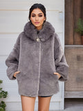 gbolsos Faux Fur Zip Up Hooded Coat, Casual Button Long Sleeve Winter Warm Outerwear, Women's Clothing