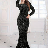 Contrast Sequin Mermaid Hem Dress, Elegant Long Sleeve Evening Party Dress, Women's Clothing