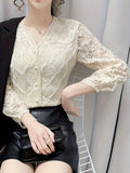 Lace V Neck Button Front Blouse, Elegant Long Sleeve Blouse For Spring & Fall, Women's Clothing