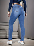 gbolsos  Stretchy Whiskering Skinny Jeans, Medium Blue High Rise Slash Pocket Denim Pants, Women's Denim Jeans & Clothing