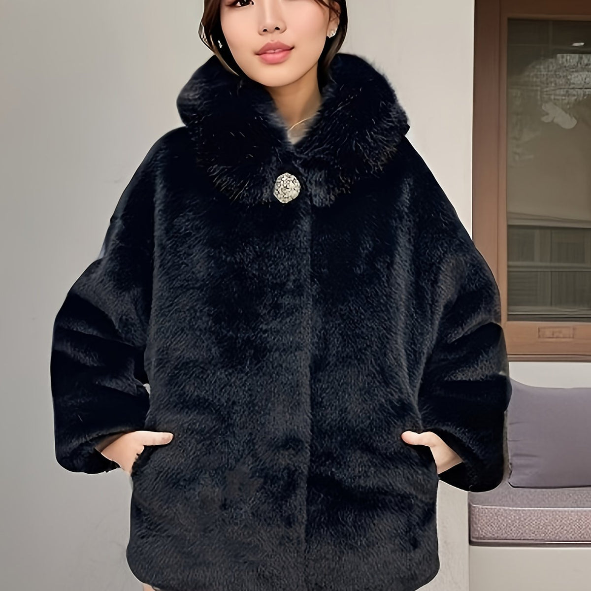 gbolsos Faux Fur Zip Up Hooded Coat, Casual Button Long Sleeve Winter Warm Outerwear, Women's Clothing