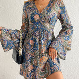 Paisley Print Layered Dress, Boho V Neck Long Sleeve Pleated Dress, Women's Clothing