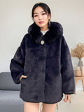 gbolsos Faux Fur Zip Up Hooded Coat, Casual Button Long Sleeve Winter Warm Outerwear, Women's Clothing