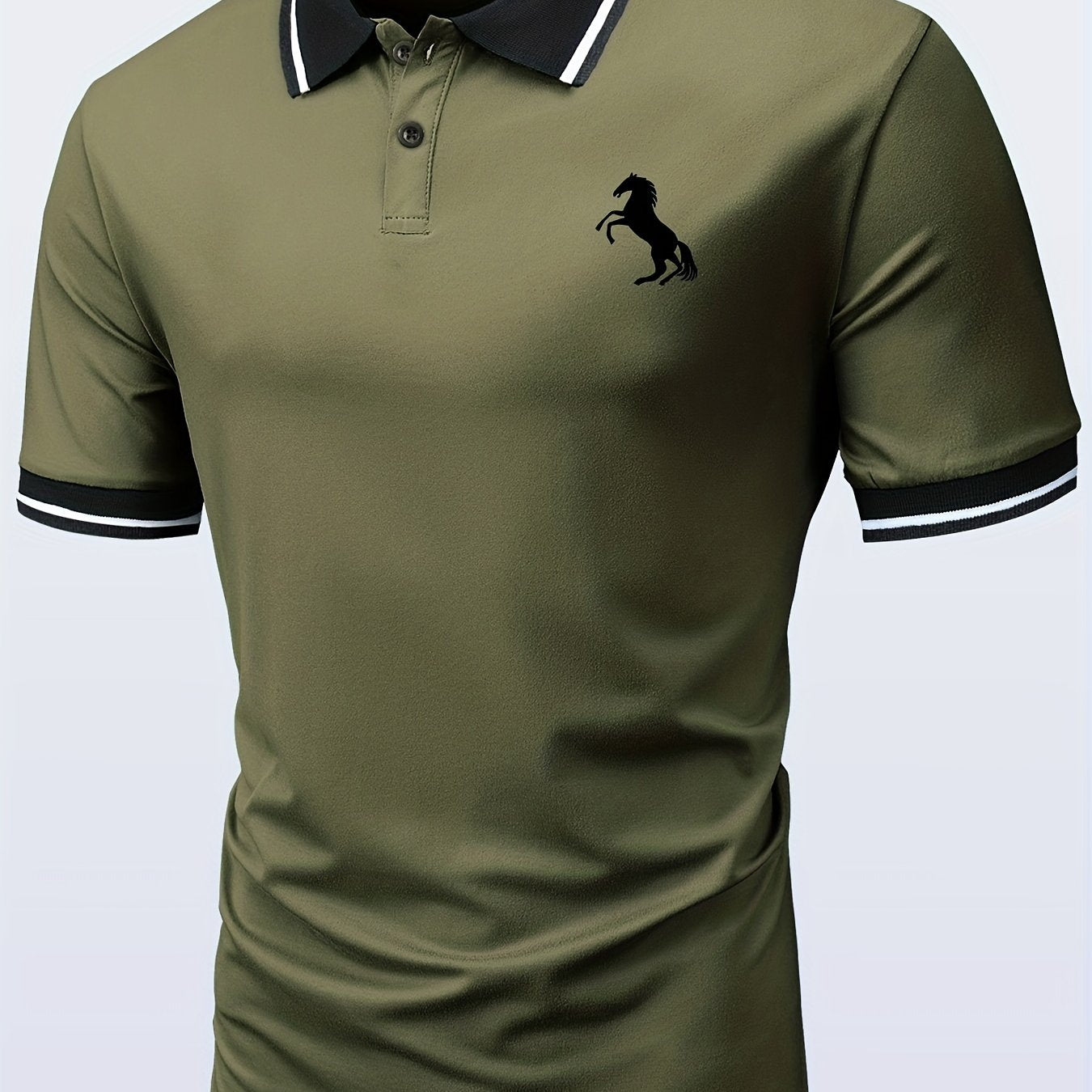 Horse Pattern Casual Slightly Stretch Button Front Short Sleeve Polo Shirt, Men's Clothes For Summer