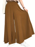 Plus Size Casual Pants, Women's Plus Solid Elastic High Rise Medium Stretch Loose Wide Leg Trousers