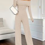 Ribbed Off Shoulder Jumpsuit, Casual Long Sleeve Jumpsuit For Spring & Fall, Women's Clothing