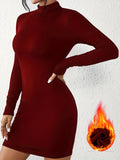 Solid Mock Neck Slim Dress, Versatile Long Sleeve Bodycon Dress For Spring & Fall, Women's Clothing