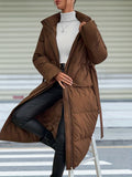 Solid Hooded Mid Length Coat, Elegant Zip Up Long Sleeve Outerwear, Women's Clothing