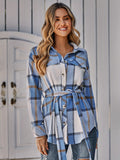 Button Plaid Tie Waist Jacket, Casual Long Sleeve Jacket For Fall & Winter, Women's Clothing