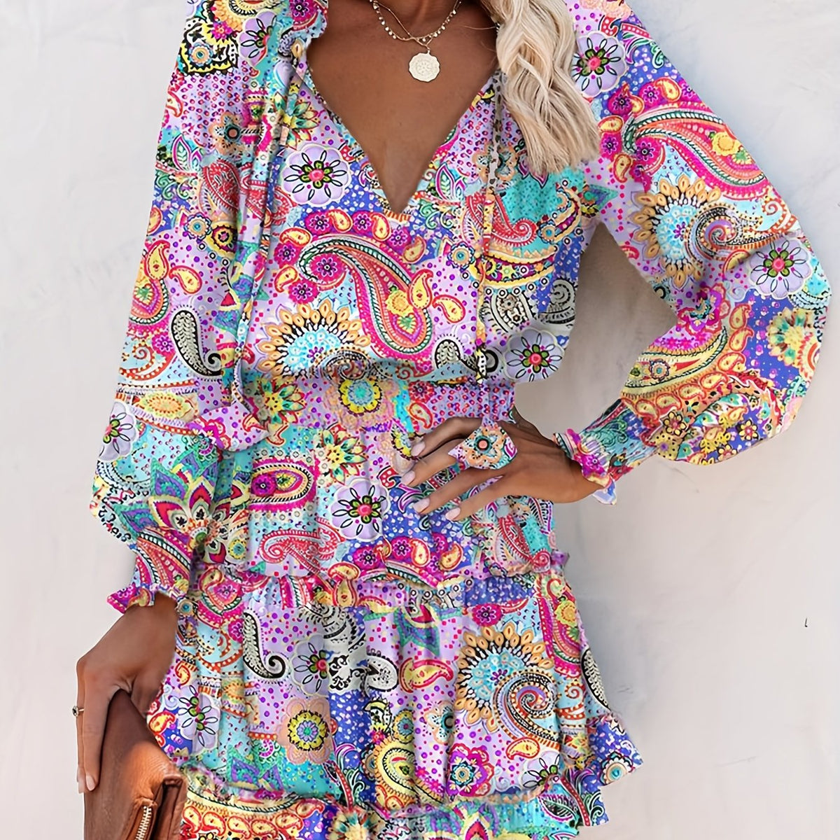 Paisley Print Mini Dress, Long Sleeve Casual Dress, Women's Clothing