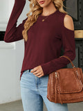 Solid Cold Shoulder T-Shirt, Casual Crew Neck Long Sleeve Top For Spring & Fall, Women's Clothing