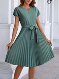 gbolsos  Pleated Tie Front Dress, Casual Short Sleeve Dress For Spring & Summer, Women's Clothing