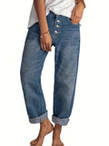 gbolsos  Blue Loose Fit Straight Jeans, Single Breasted Button Slant Pockets Denim Trousers, Women's Denim Jeans & Clothing