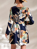 gbolsos  Plant Print Mini Dress, Boho Crew Neck Long Sleeve Dress, Women's Clothing