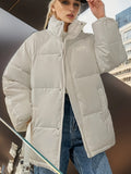 gbolsos  Loose Thickened Warm Jacket, Solid Color Zipper Puffer Coat, Women's Activewear