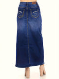 Blue High Stretch Denim Midi Skirt, Slant Pockets High Waist Casual Denim Skirt, Women's Denim Clothing