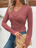 gbolsos  Solid V Neck T-shirt, Elegant Long Sleeve Ruched Top For Spring & Fall, Women's Clothing