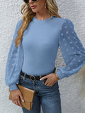 Swiss Dot Mock Neck Blouse, Casual Long Lantern Sleeve Blouse For Spring & Fall, Women's Clothing