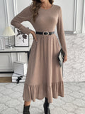 Ruffle Hem Ribbed A-line Dress, Elegant Crew Neck Long Sleeve Dress, Women's Clothing