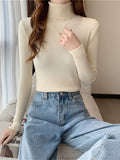 gbolsos  Turtleneck Rib Knit Sweater, Sexy Solid Slim Long Sleeve Sweawter, Women's Clothing