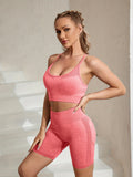 gbolsos  2pcs Solid Workout Sets, Cross Strap Sexy Fitness Cami Sports Bra & High Waist Shorts, Women's Activewear