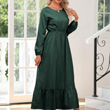 Elegant Crew Neck Draped Extra-long Dress, Casual Long Sleeve Solid Elastic Waist Ruffle Hem Party Long Dresses, Women's Clothing