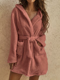 Simple Solid Fuzzy Night Robe, Casual Long Sleeve Hooded Robe With Belt & Pockets, Women's Sleepwear