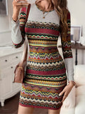 Ethnic Stripe Print Bodycon Dress, Casual Crew Neck Long Sleeve Dress, Women's Clothing